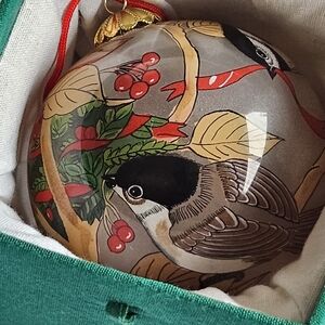 BYA BLOWN GLASS CHRISTMAS ORNAMENT BIRDS RIBBON REVERSE HAND PAINTED VTG 1996